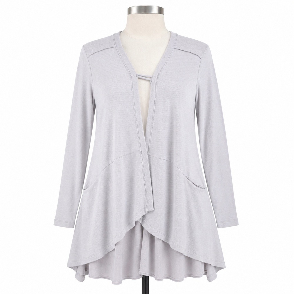 LOGO‎ Lounge Cardigan Womens S Gray Waffle Knit Sharkbite Hem Open Front Pockets